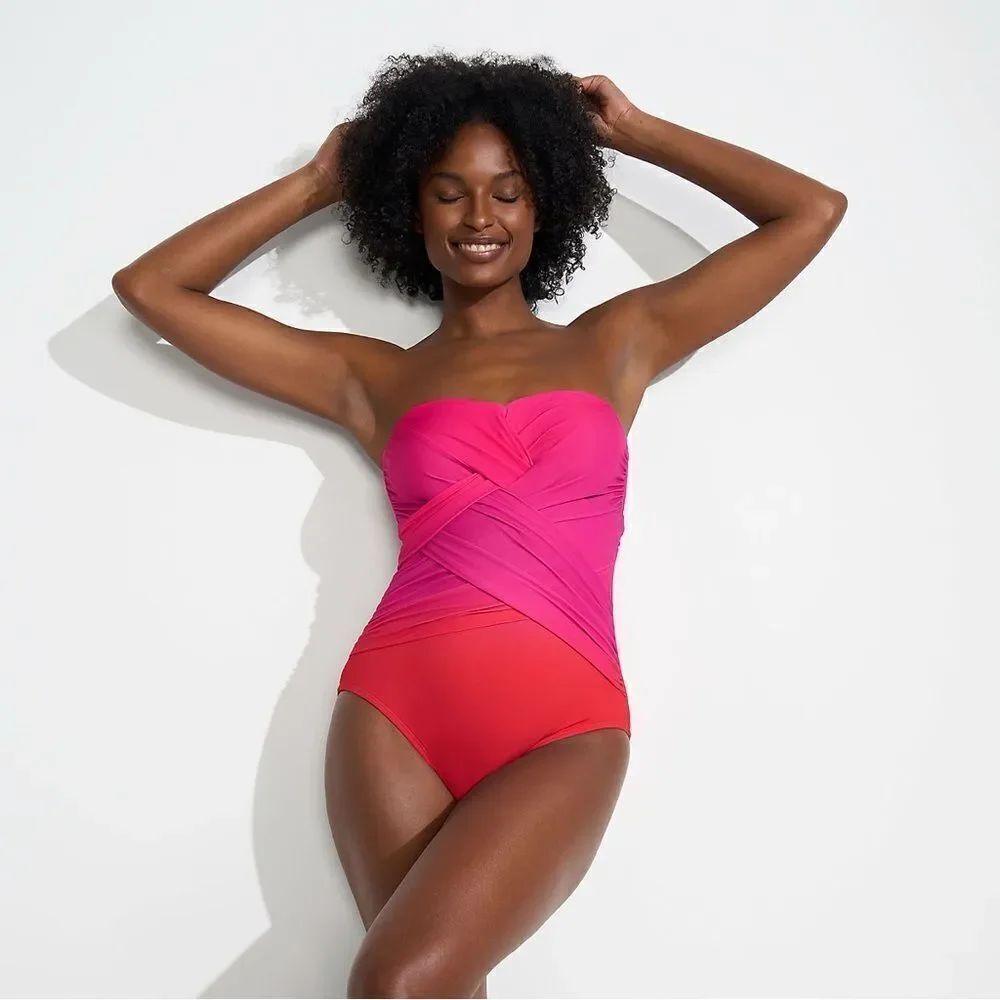 Land's End Plus Standard size One piece Bandeau Slendersuit pink multi ombre Var